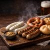 Wurstseminar in Fürth: Weißwurst und fränkische Bratwurst mit Senf, Brezen und Weckla auf rustikalem Holzbrett
