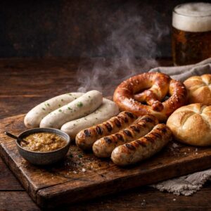 Wurstseminar in Fürth: Weißwurst und fränkische Bratwurst mit Senf, Brezen und Weckla auf rustikalem Holzbrett