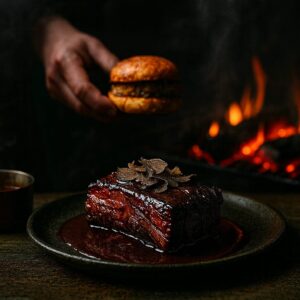 Short Rib mit Trüffel auf Gusseisenplatte – BBQ-Szene mit Rauch, Glut und dunklem Holztisch im Hintergrund