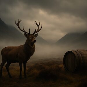 Hirsch vor einem alten Whiskyfass in den Highlands, mystische Landschaft als Sinnbild für Wild, Whisky und Genuss in der Akademie der kochenden Künste.