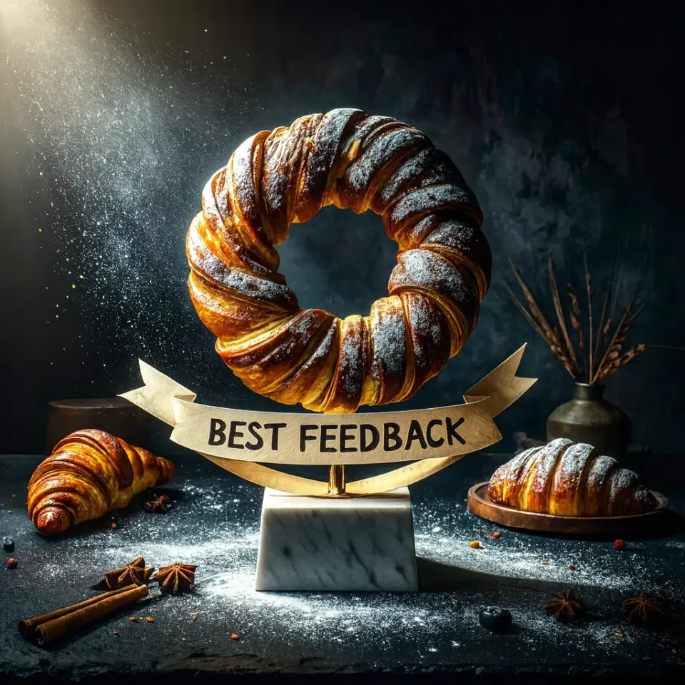 Croissant-Kranz als Award mit Banner „Best Feedback“ auf Marmorsockel – Referenzen der Akademie der kochenden Künste, Fürth.