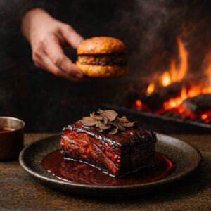 Short Rib mit Trüffel auf Gusseisenplatte – BBQ-Szene mit Rauch, Glut und dunklem Holztisch im Hintergrund