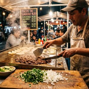 Taco Kochkurs Fürth – Taquero bereitet Tacos auf einer heißen Plancha mit Fleisch, Koriander und Zwiebeln zu