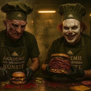 Zwei fiktive Köche in olivgrüner Arbeitskleidung bereiten in einer rauchigen Großküche Burger und Pastrami-Sandwiches zu – Titelbild des Burger & Pastrami Festivals der Akademie der kochenden Künste"