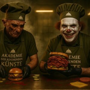 Zwei fiktive Köche in olivgrüner Arbeitskleidung bereiten in einer rauchigen Großküche Burger und Pastrami-Sandwiches zu – Titelbild des Burger & Pastrami Festivals der Akademie der kochenden Künste"