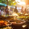 Veganes Thai-Curry mit frischem Gemüse auf einem thailändischen Streetfood-Markt bei Sonnenuntergang – authentische Kochkurs-Atmosphäre in Nürnberg