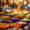 Bunte Schalen mit veganen Gerichten der Levante: Fattoush, Datteln, Kichererbsen, frische Kräuter und orientalische Salate